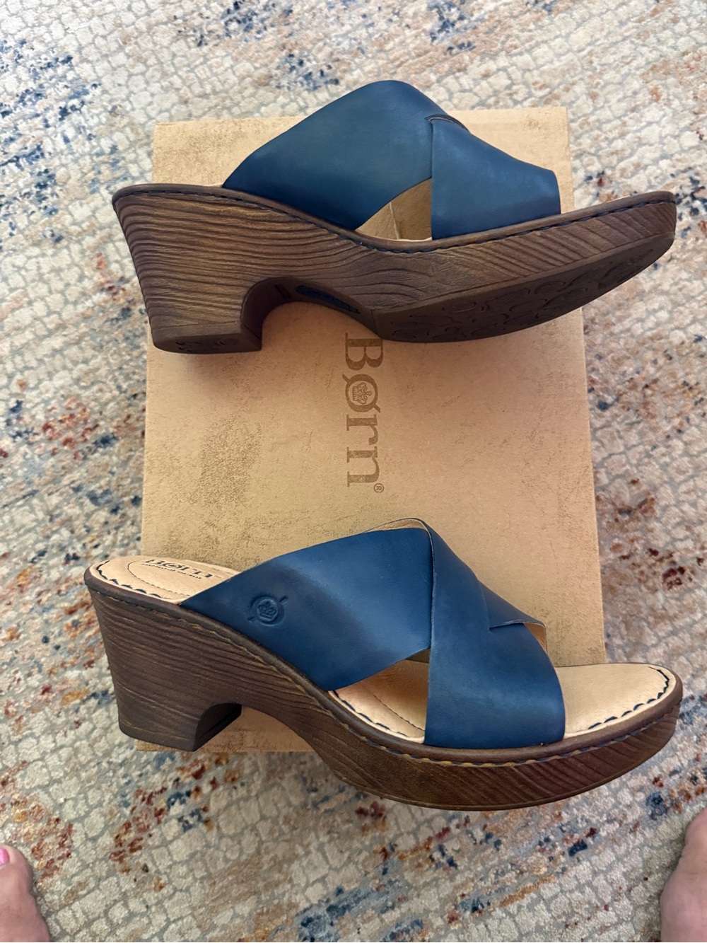 Born Navy Leather Crossover Wedge Sandals with Wood-Effect Heel - Picture 2 of 9